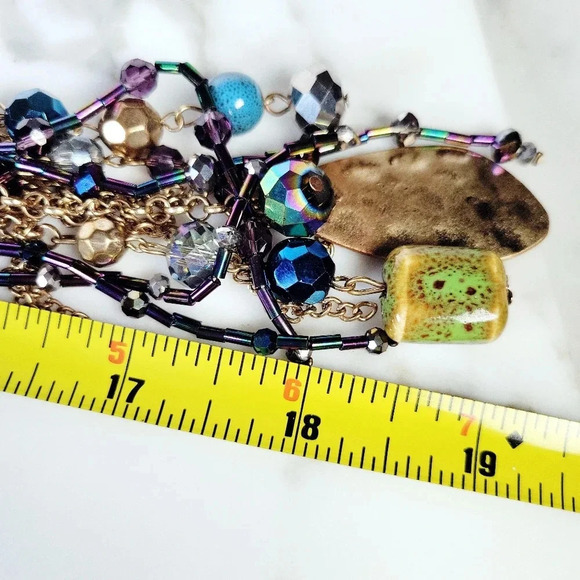 Glass Bead Tassel Necklace Long Vibrant Oil Slick Purple Blue Green Cera… - Picture 10 of 10